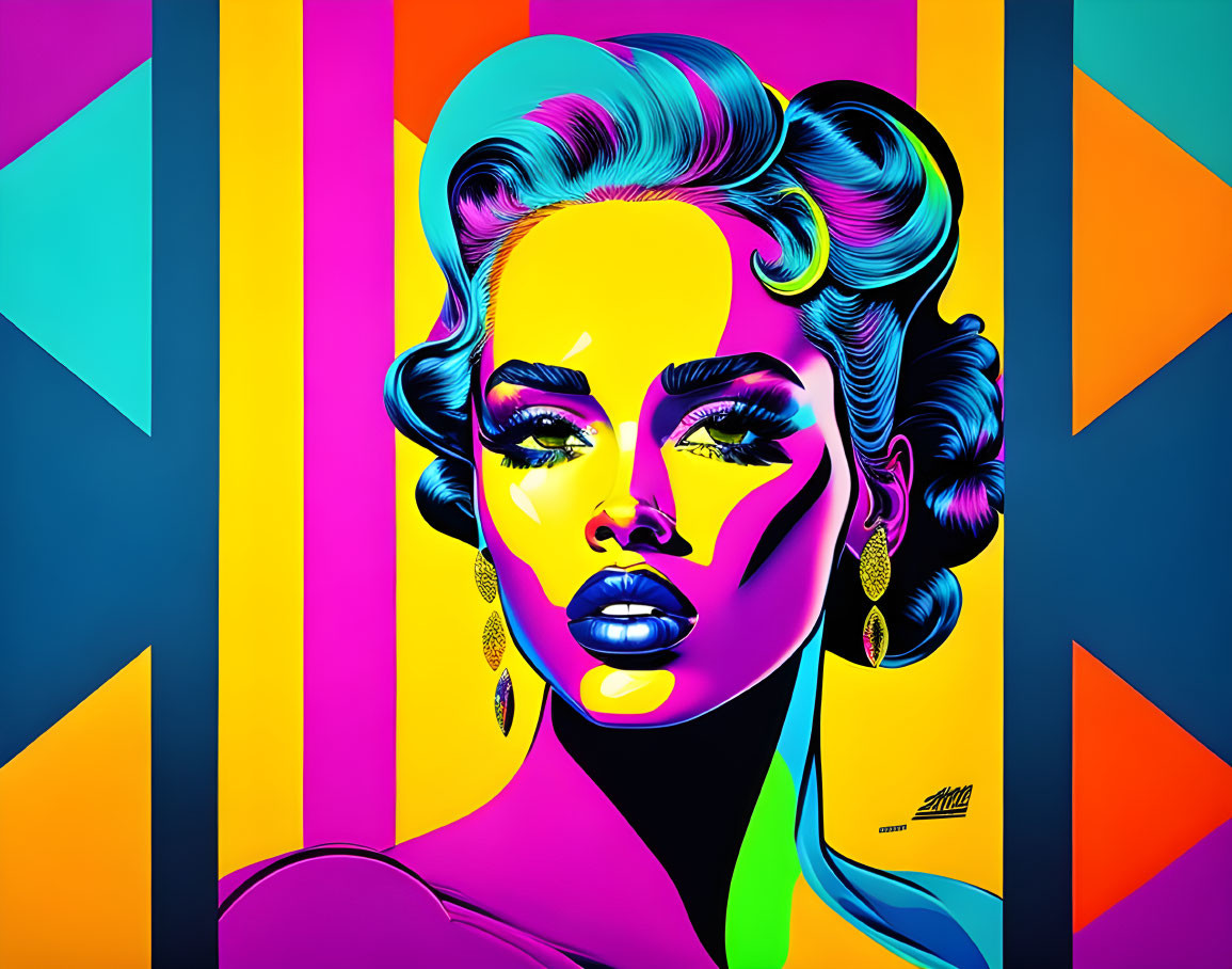 Colorful pop art portrait of woman with geometric background