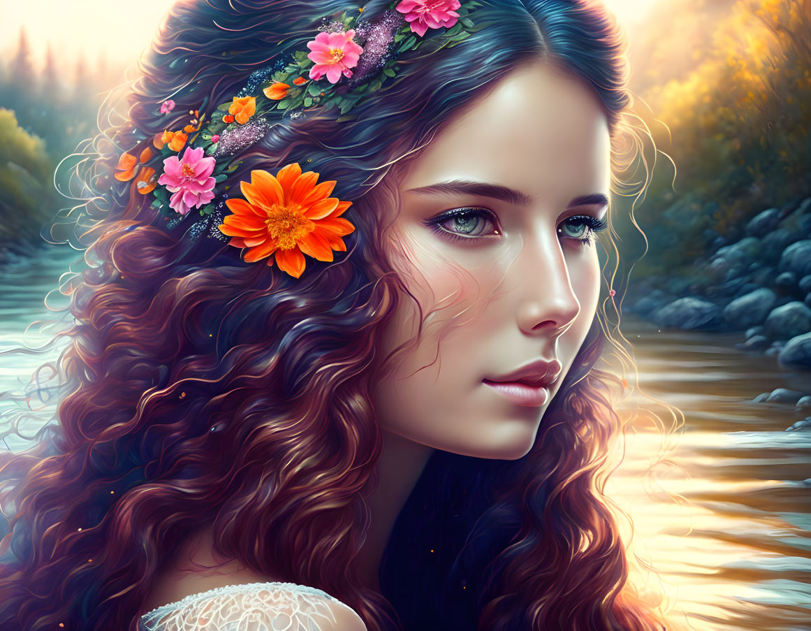 Digital Artwork: Woman with Curly Hair and Floral Headpiece in Autumn Forest Setting