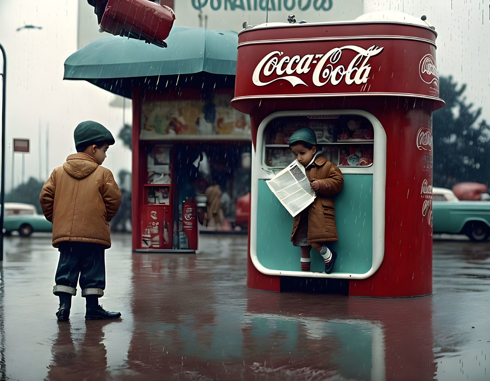 Vintage Coca-Cola stand with two children in nostalgic scene