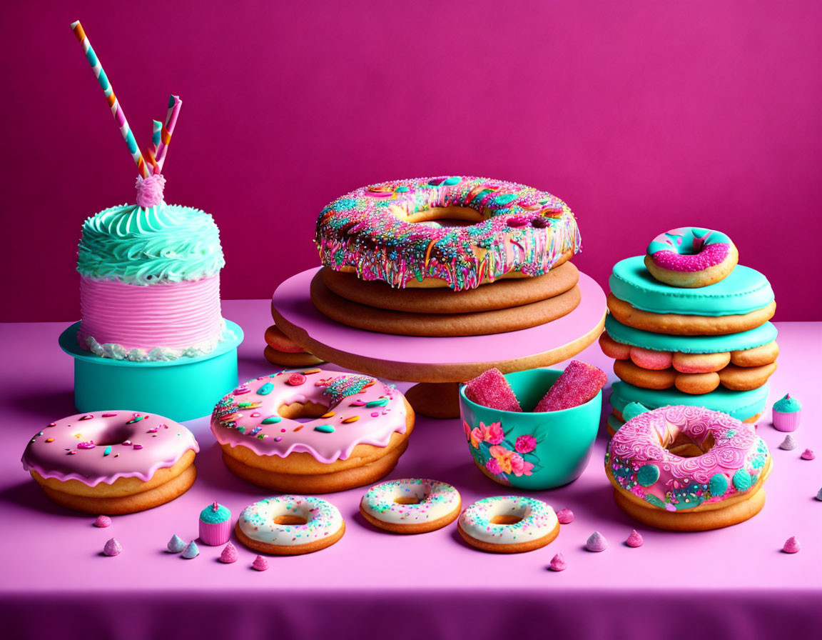 Assorted colorful pastries on pink background with cake, donuts, and cookies.