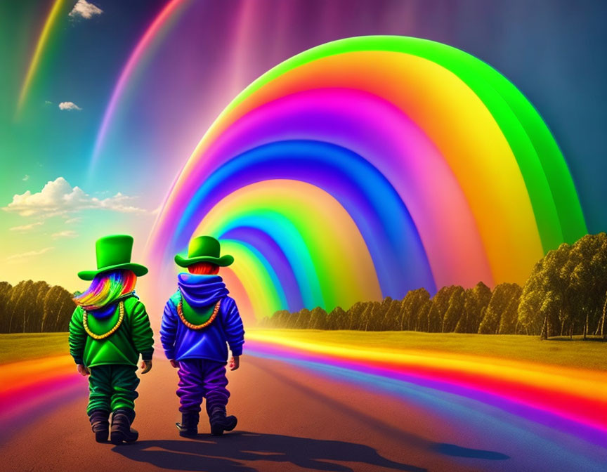 Stylized figures in green suits walking to vibrant rainbow