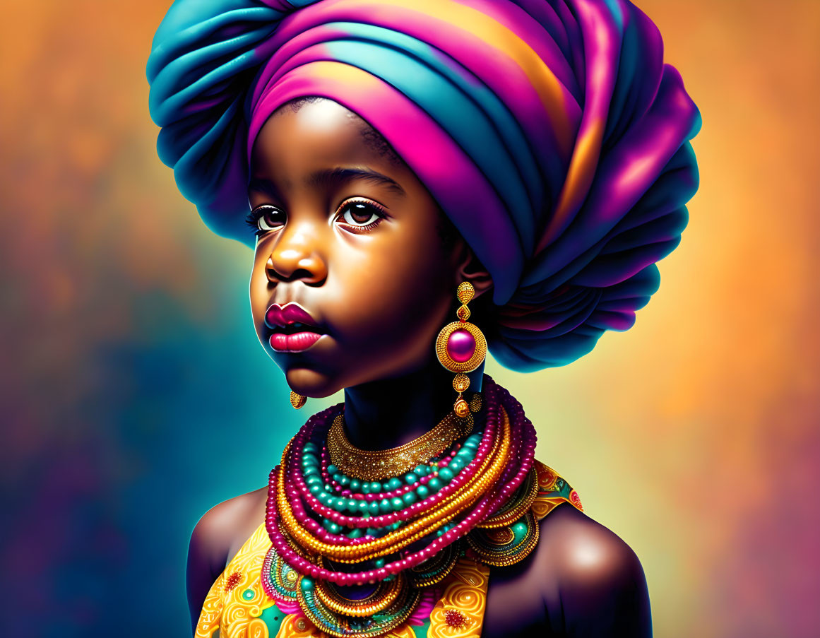 Colorful portrait of young girl with expressive eyes and vibrant accessories on warm background