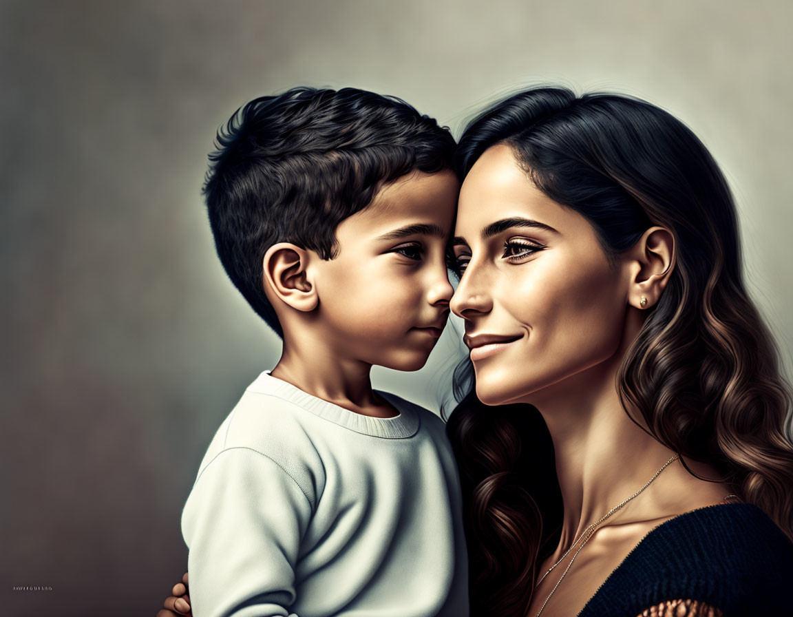 Young boy and woman share affectionate gaze, depicting loving bond