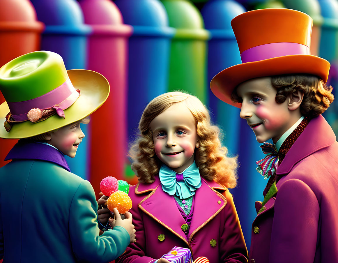 Colorful Characters in Willy Wonka Costumes Against Rainbow Background