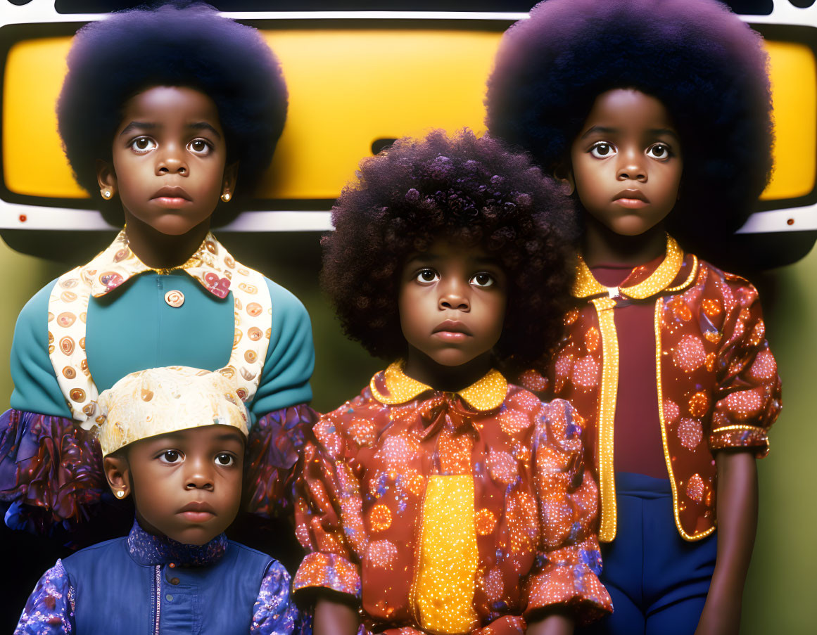 Four children in retro clothing with large afros by yellow school bus