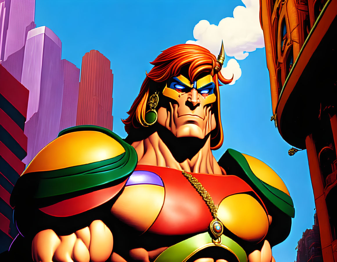 Muscular animated superhero with red hair and green tiara in colorful armor against cityscape.