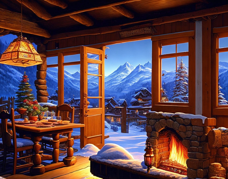 Mountain cabin interior: warm fireplace, festive decor, snowy peak view