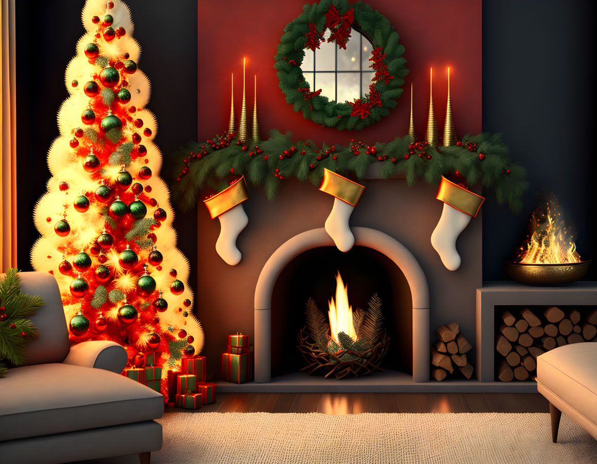 Festive Christmas scene with fireplace, tree, stockings, wreath, and fire bowl