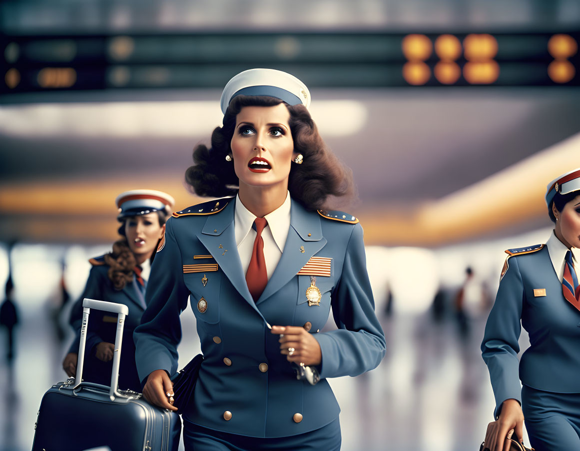 Vintage female flight attendants in airport terminal.