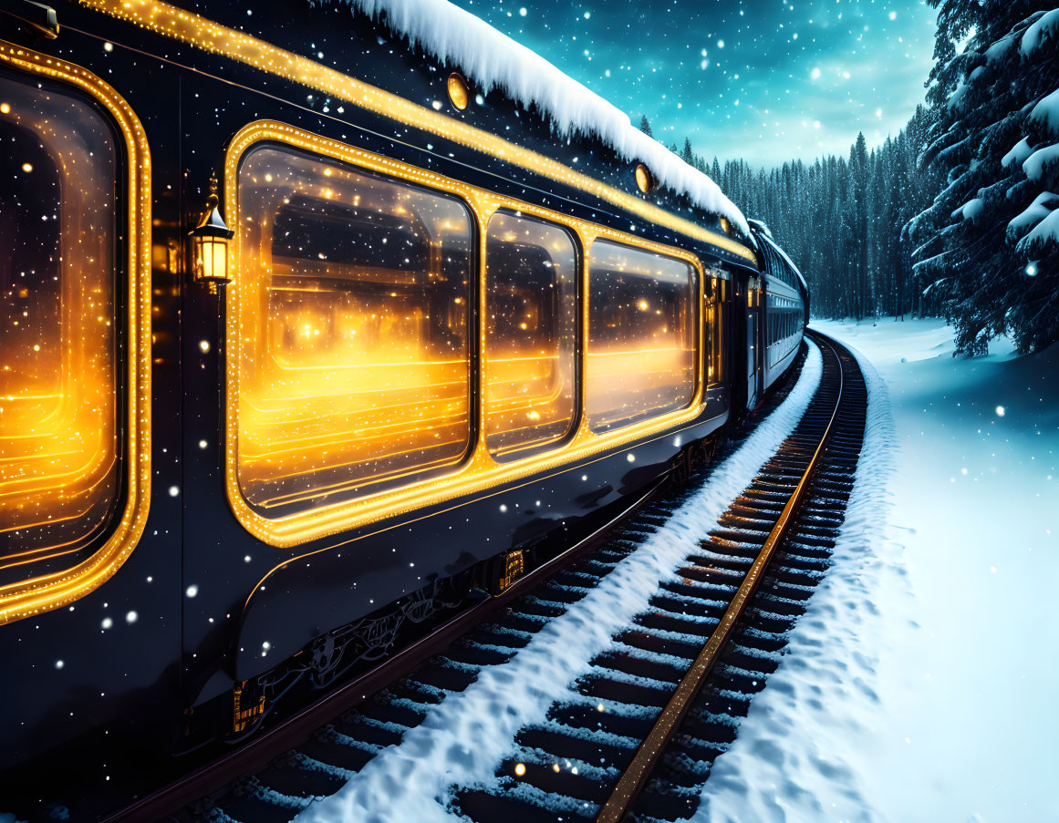 Snowy landscape: Illuminated train at night