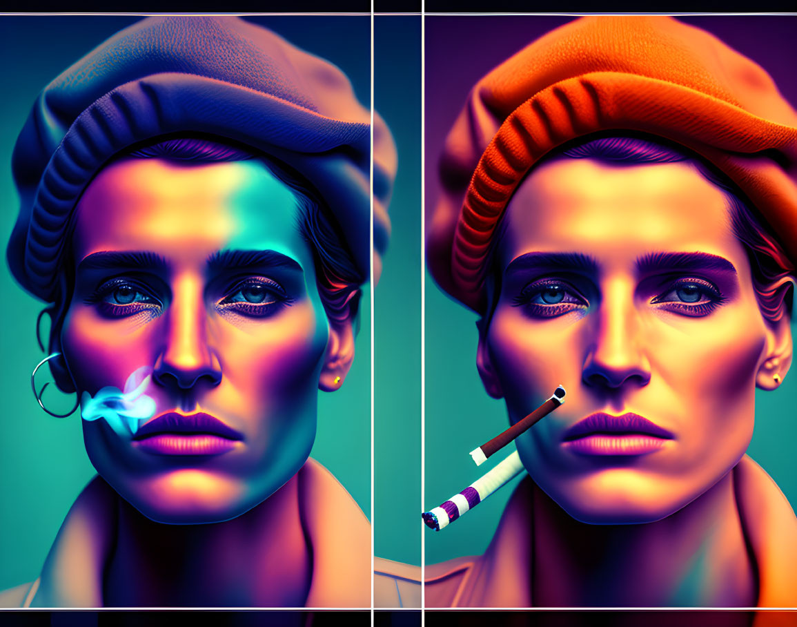 Stylized portraits of a person in beret: blue and orange tones, with shadows and cigarette