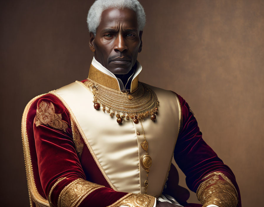 Elderly man in red and gold ceremonial attire with regal ornaments