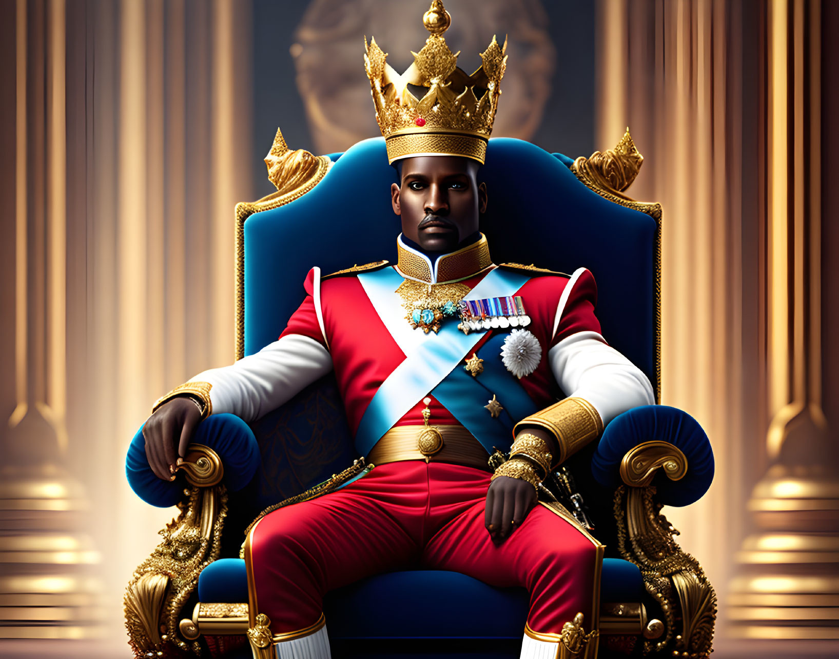 Regal figure in royal blue and red uniform on throne