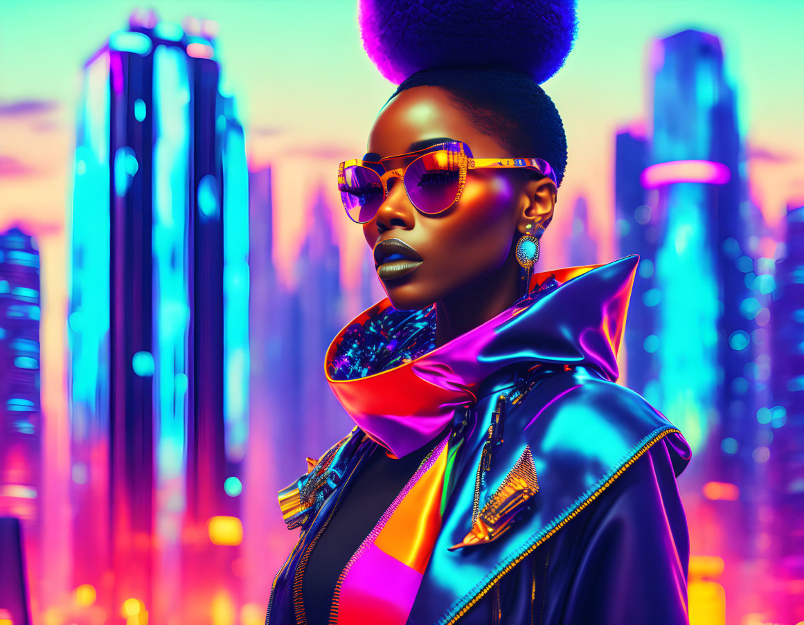 Fashionable woman with afro in reflective sunglasses and metallic scarf against neon cityscape.