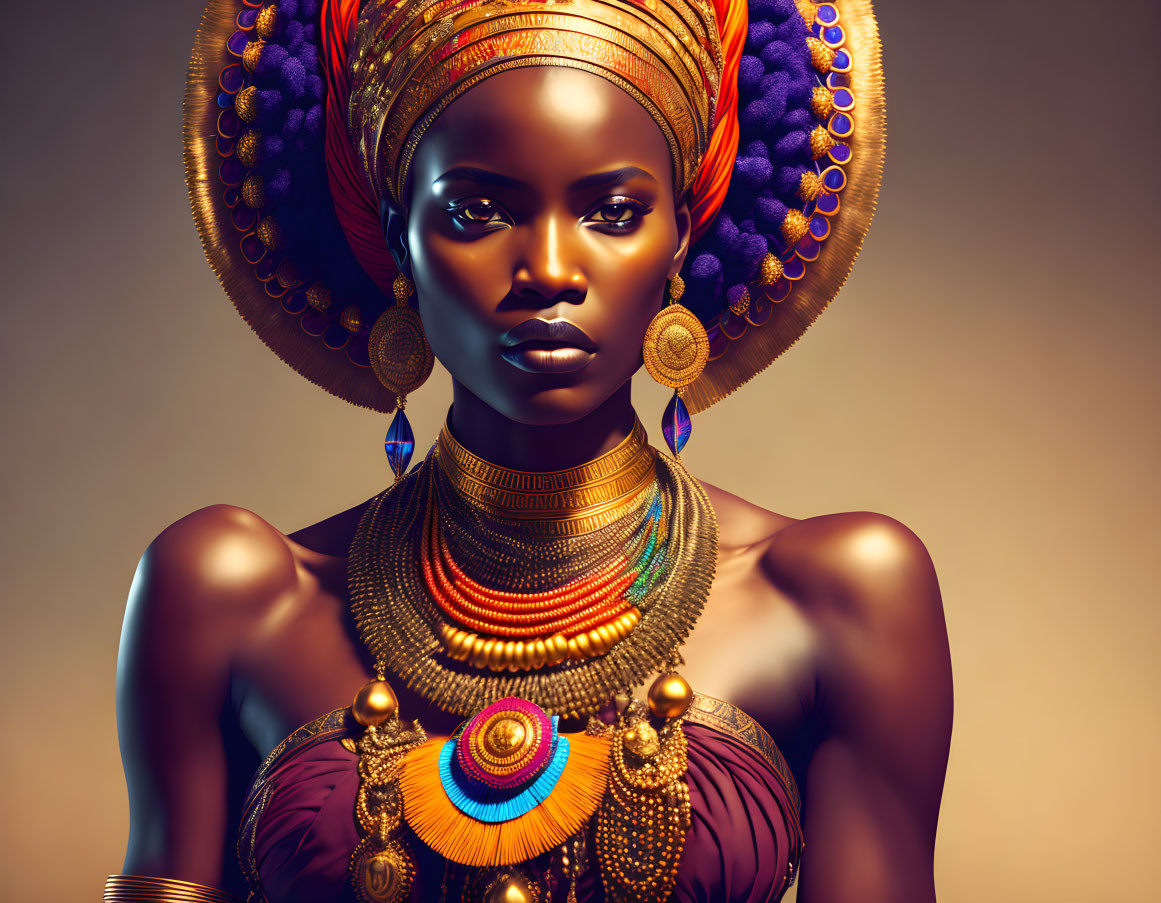 Colorful Headgear and Jewelry on Elegant Woman in Portrait