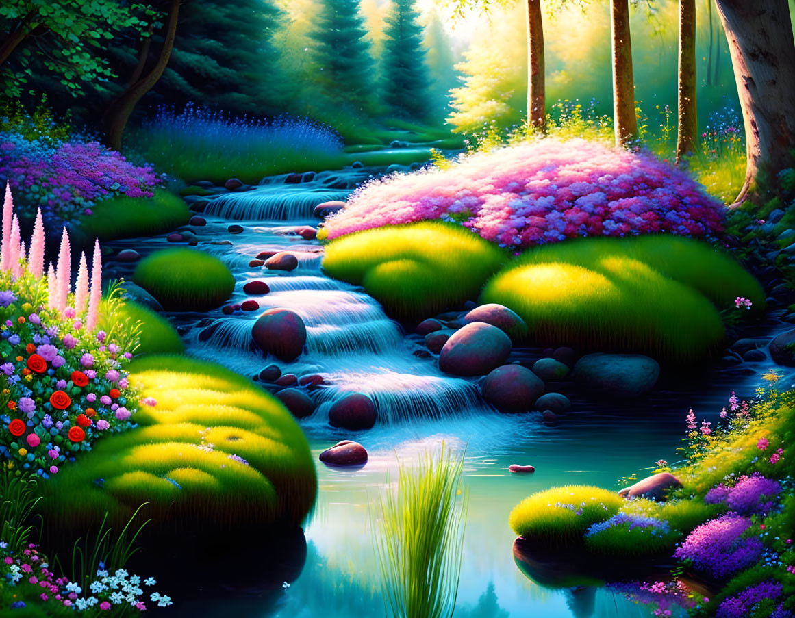 Lush forest scene with moss, flowers, and flowing stream