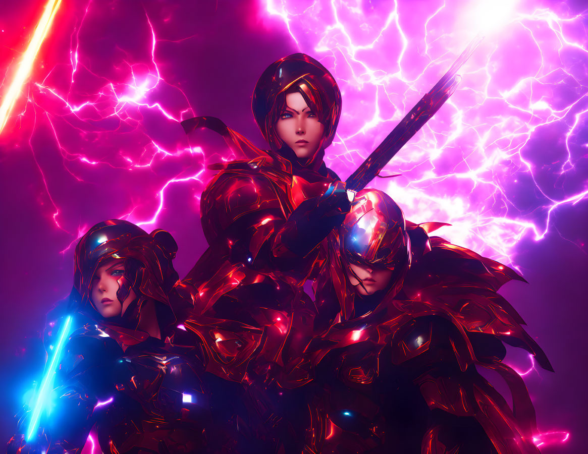 Three red-armored futuristic warriors against purple lightning background