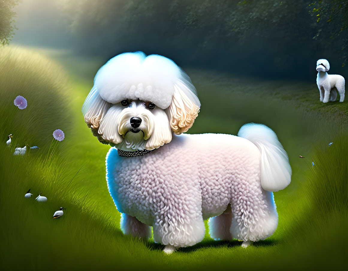 White Poodle with Stylish Haircut in Green Meadow