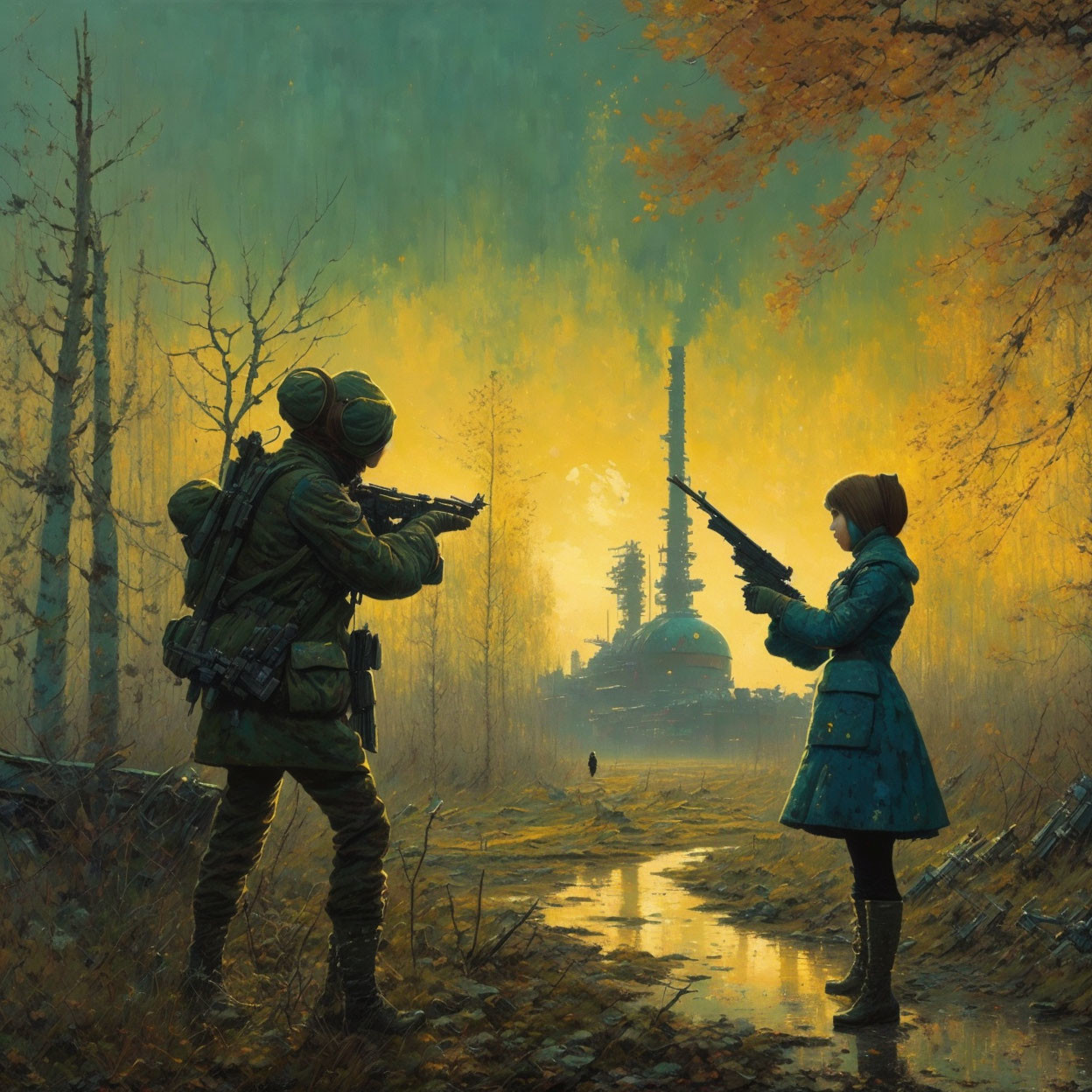 Post-apocalyptic scene with two individuals aiming rifle in forest.