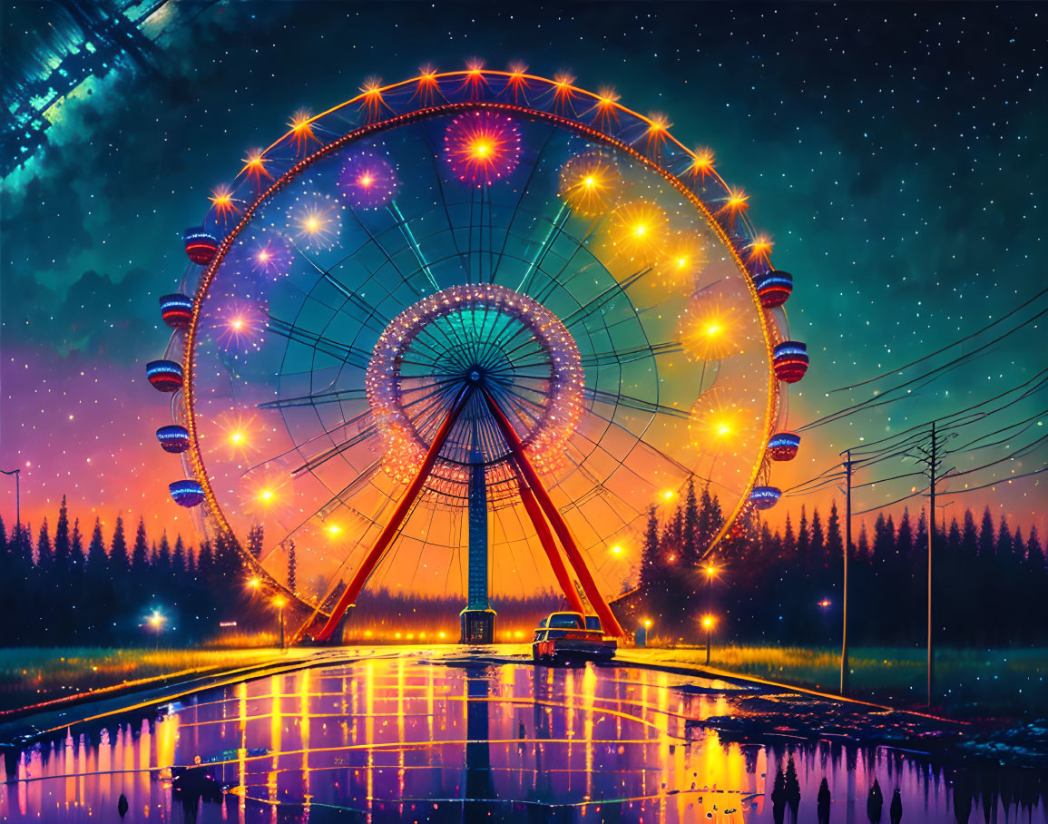 Colorful Ferris Wheel Lights Reflecting on Wet Ground Under Starry Sky