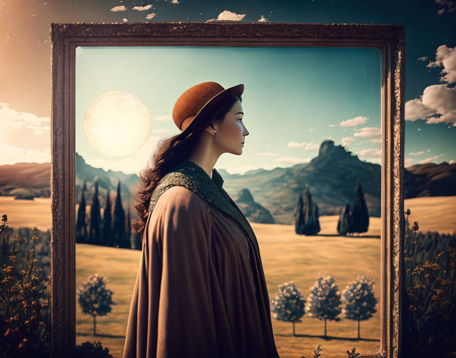 Woman in Brown Hat and Cloak Gazes at Serene Landscape with Mountains and Setting Sun