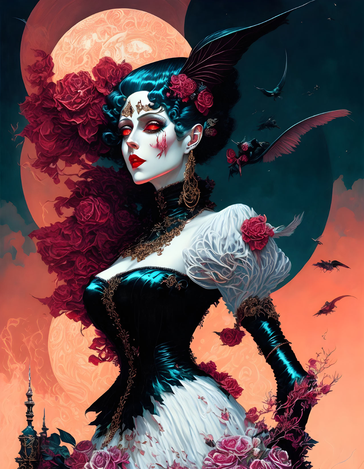 Gothic woman surrounded by red roses and bats under a large moon