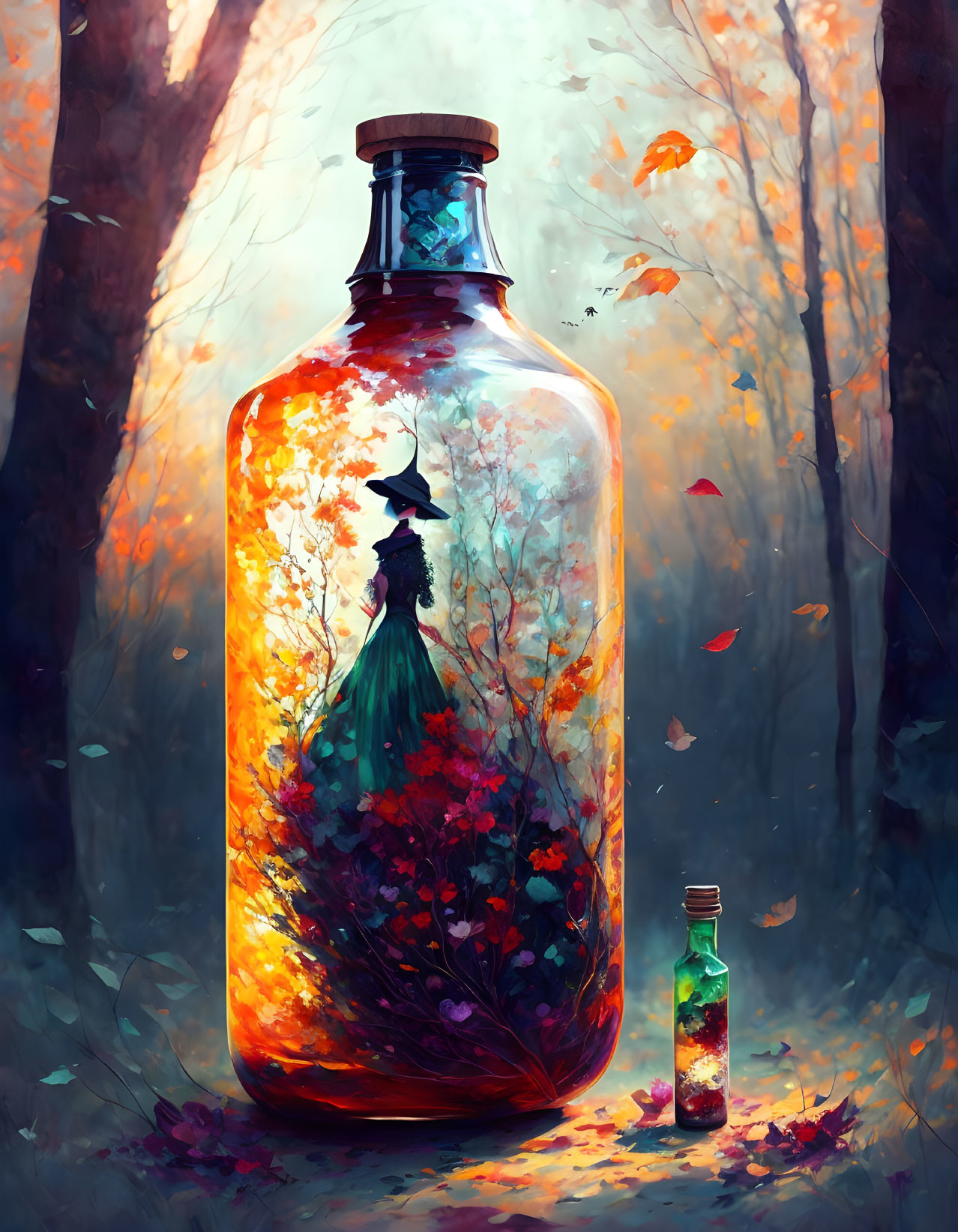 Miniature autumn forest in bottle with figure and woodland backdrop