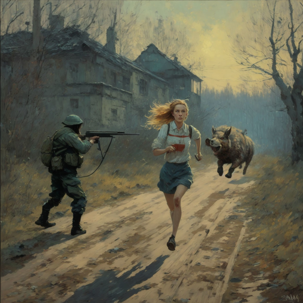 Young woman running with wild boar as soldier aims rifle in desolate landscape