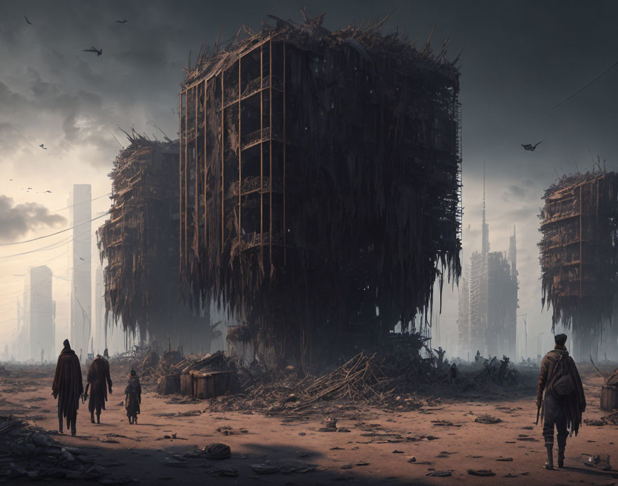 Post-apocalyptic scene with individuals walking towards dilapidated buildings under a gloomy sky