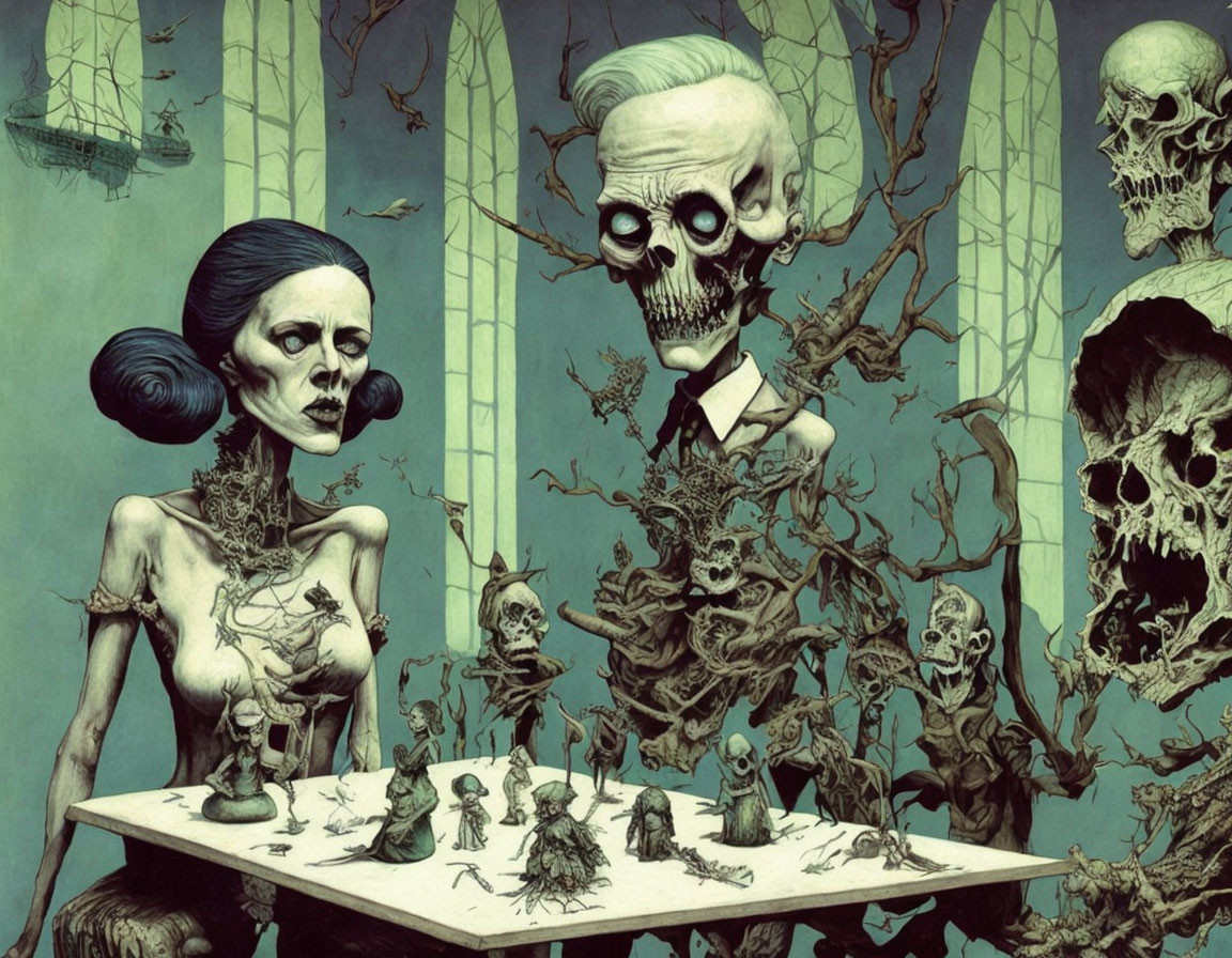 Macabre illustration of skeletal figures in green-tinted room