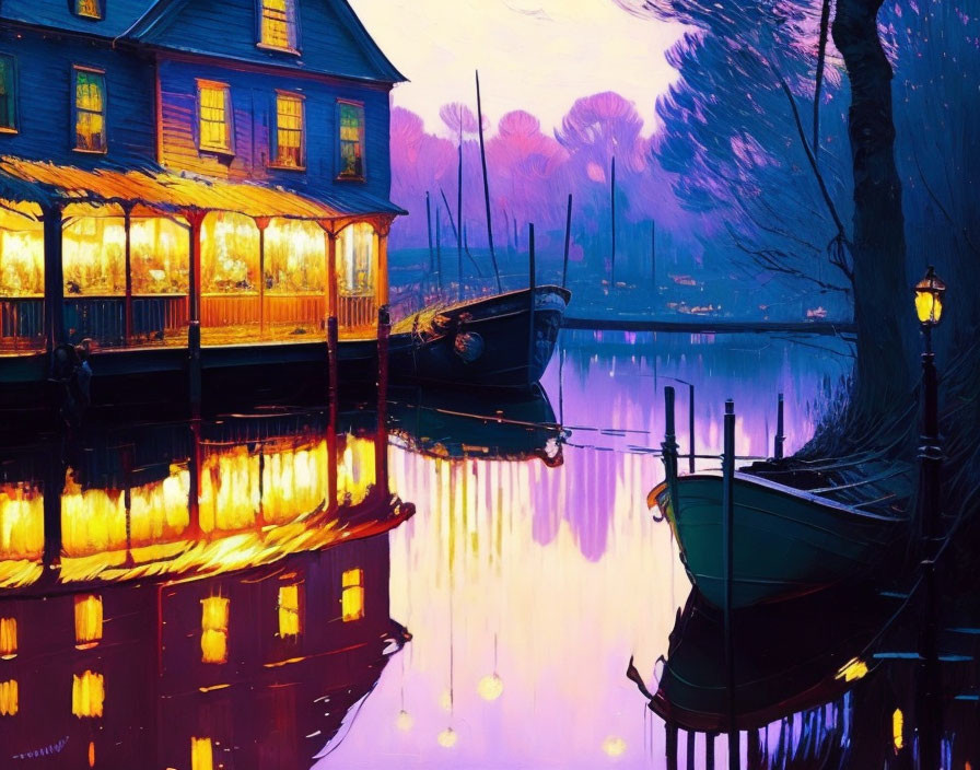 Tranquil lake at dusk with warmly lit house and boat by shimmering reflections