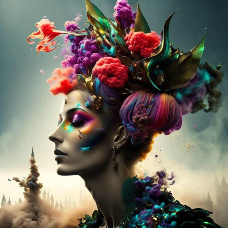 Vibrant, multi-colored hair and decorative makeup in surreal portrait