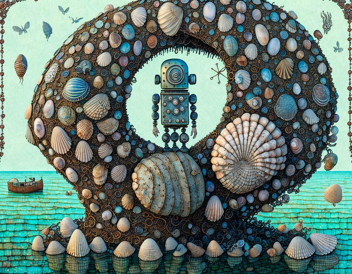 Marine-themed robot sculpture with boat in serene seascape