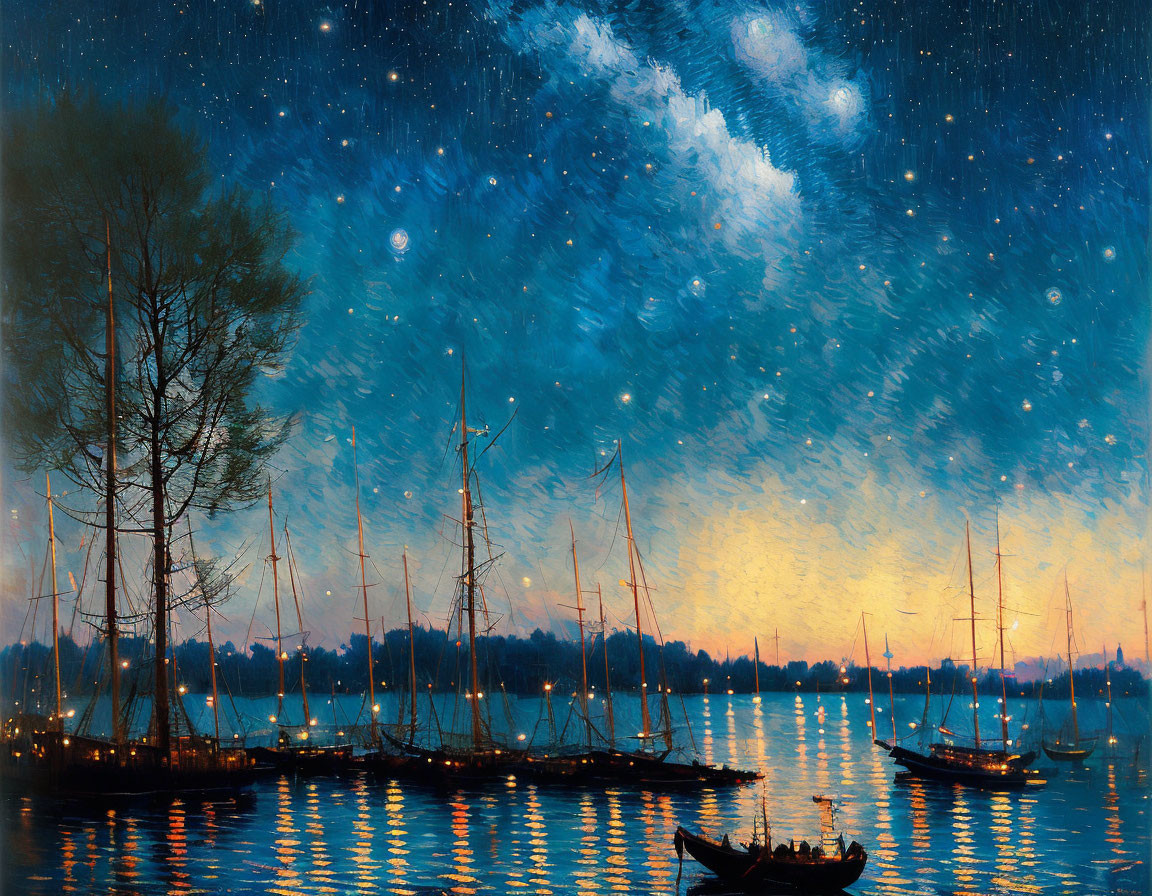 Tranquil harbor with sailboats under a starry night