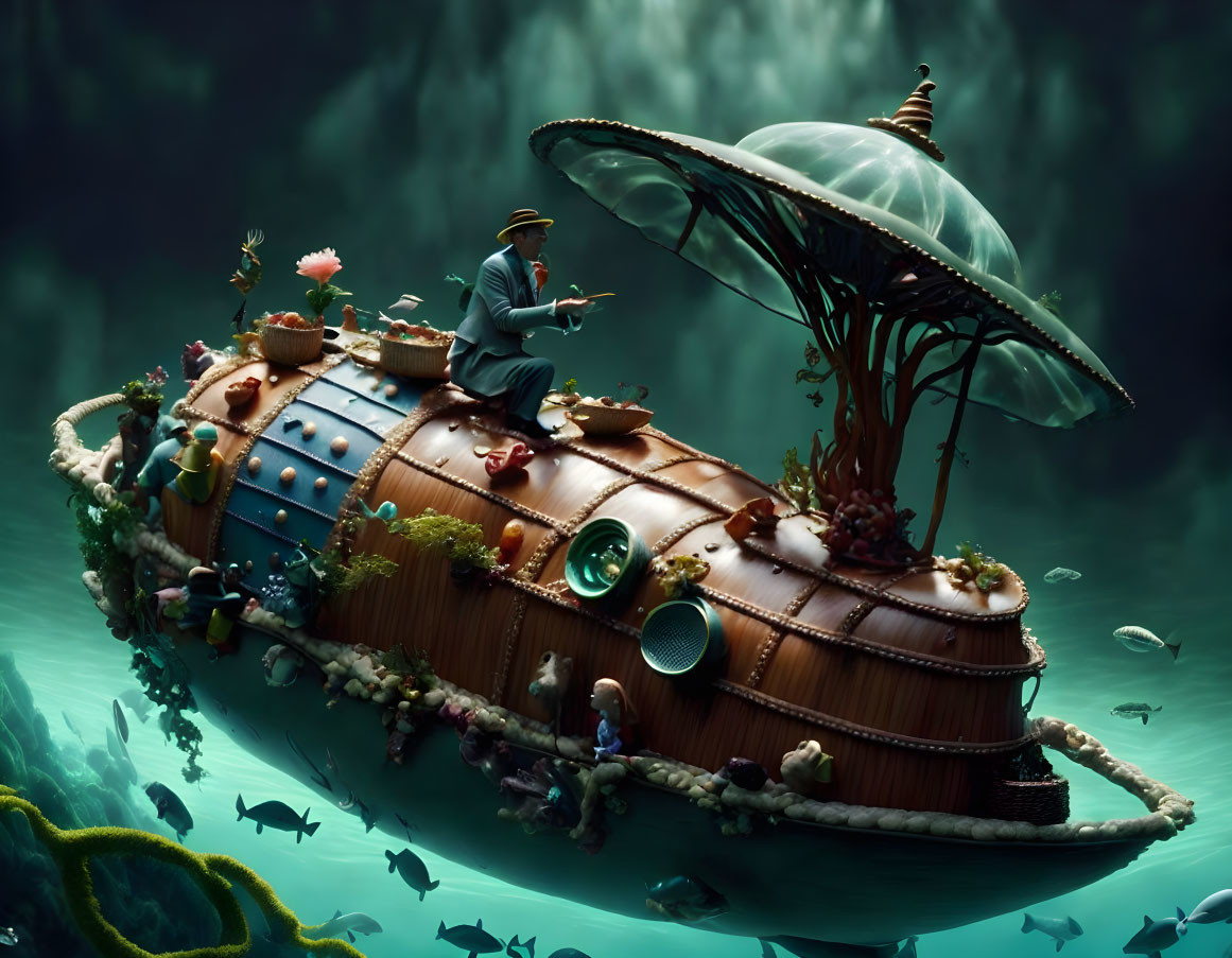 Man in vintage clothing plays ukulele on whimsical submarine in underwater world