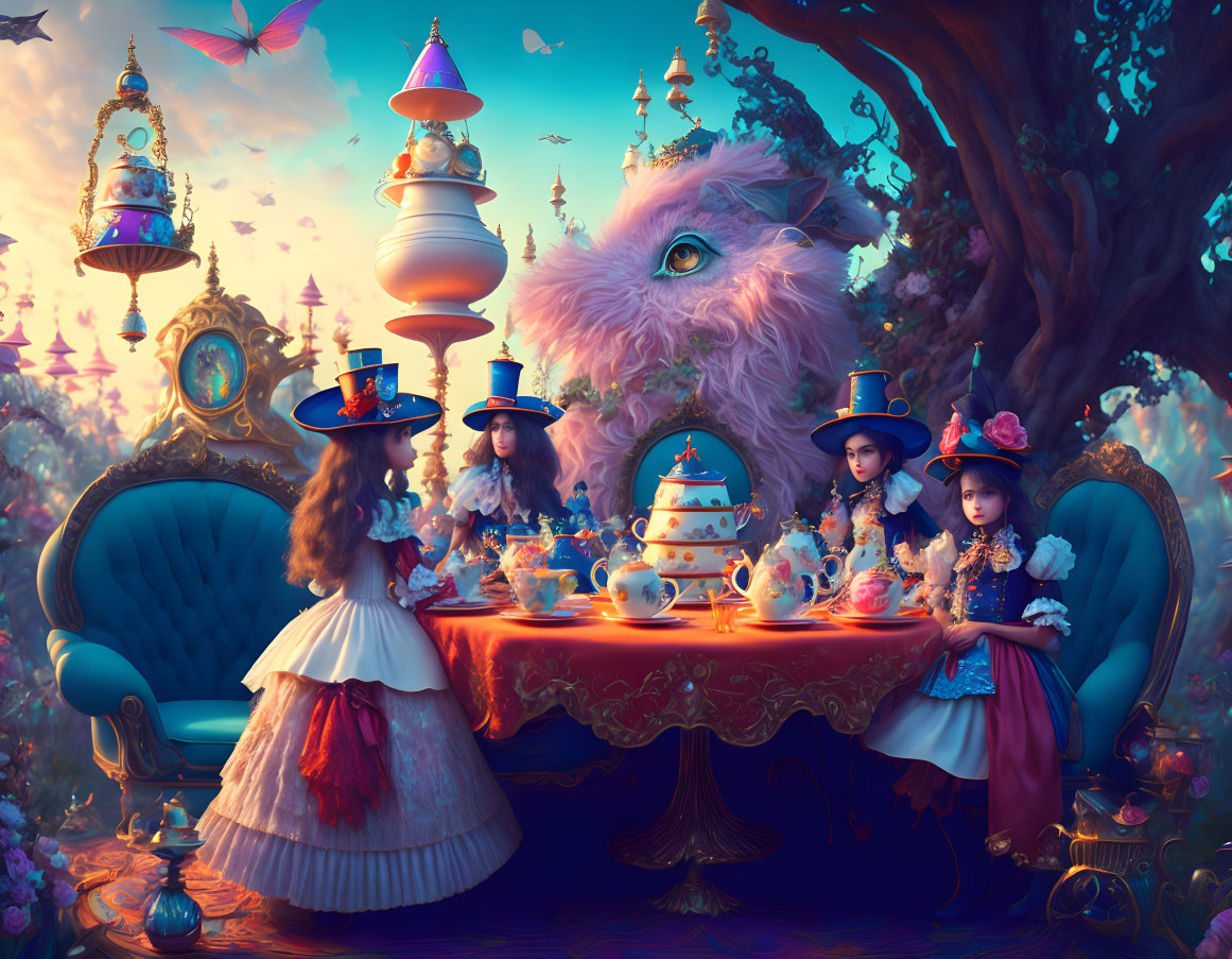 Whimsical tea party with vintage dresses, teacups, and giant fluffy creature