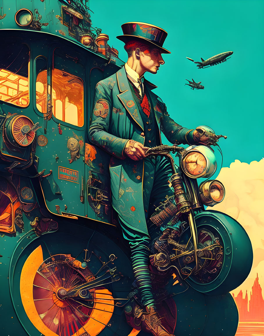 Stylized image of elegantly dressed man on vintage motorcycle in retro-futuristic cityscape