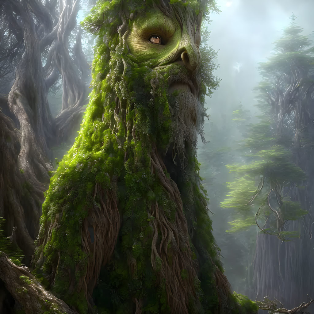 Ancient tree-like creature with moss and foliage, deep-set eyes, and mossy beard