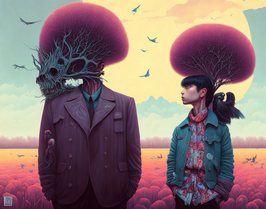 Surreal artwork: Two figures with tree heads in pink flower field