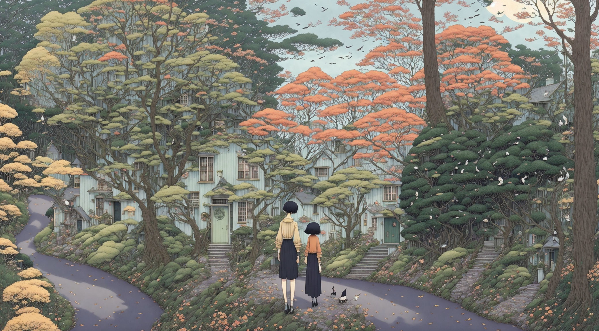 Two people at the start of tree-lined path with houses under a serene sky