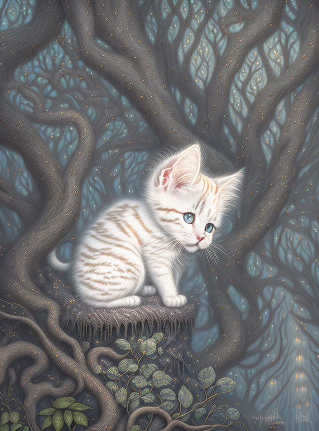 White Kitten with Blue Eyes on Mossy Stump in Enchanting Forest