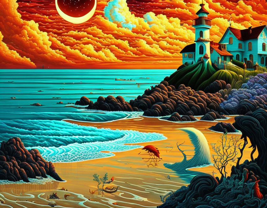 Vividly Colored Lighthouse Scene with Surreal Landscape and Fiery Sky