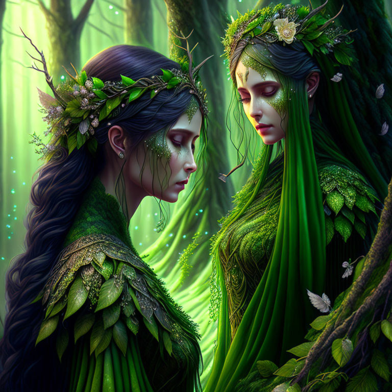 Ethereal women with green-tinted skin in enchanted forest