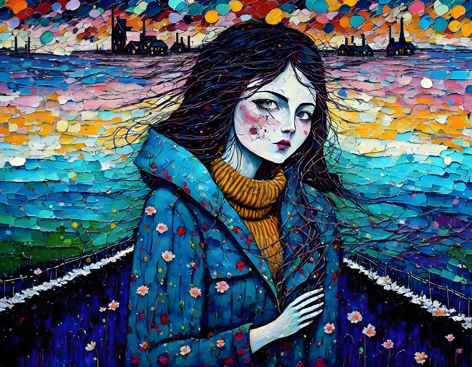 Colorful painting of woman with dark hair and blue eyes in blue coat against mosaic background