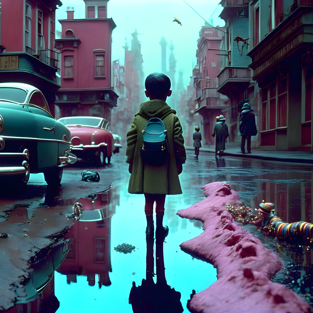 Child in green coat on wet street in futuristic city with colorful buildings and flying structures.