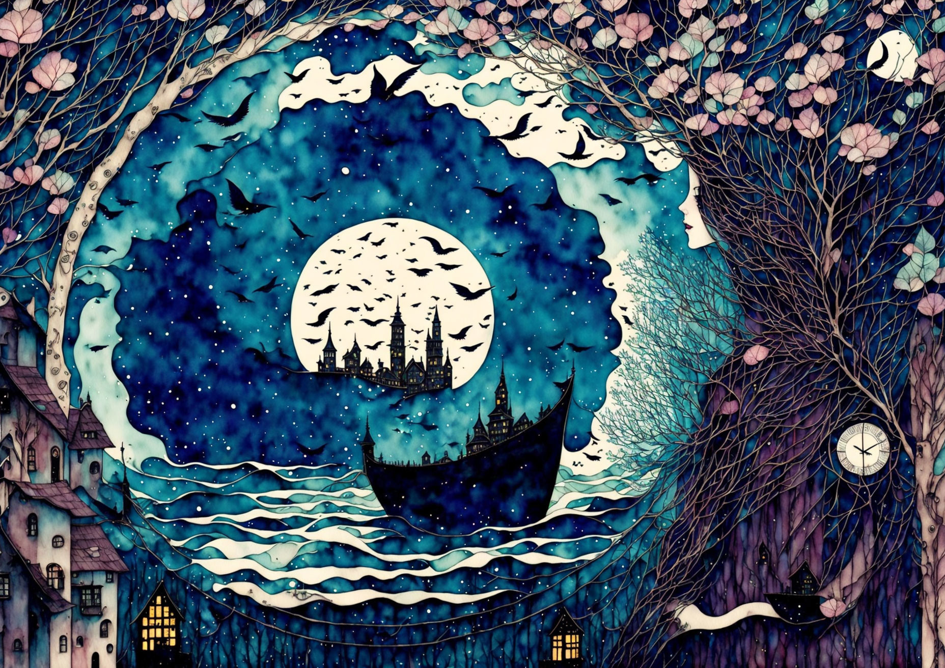 Whimsical night scene with large moon and ship silhouette