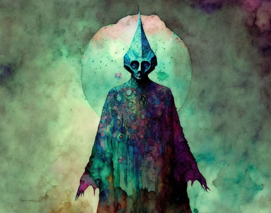 Mystical figure in conical hat, flowing robe, cosmic backdrop