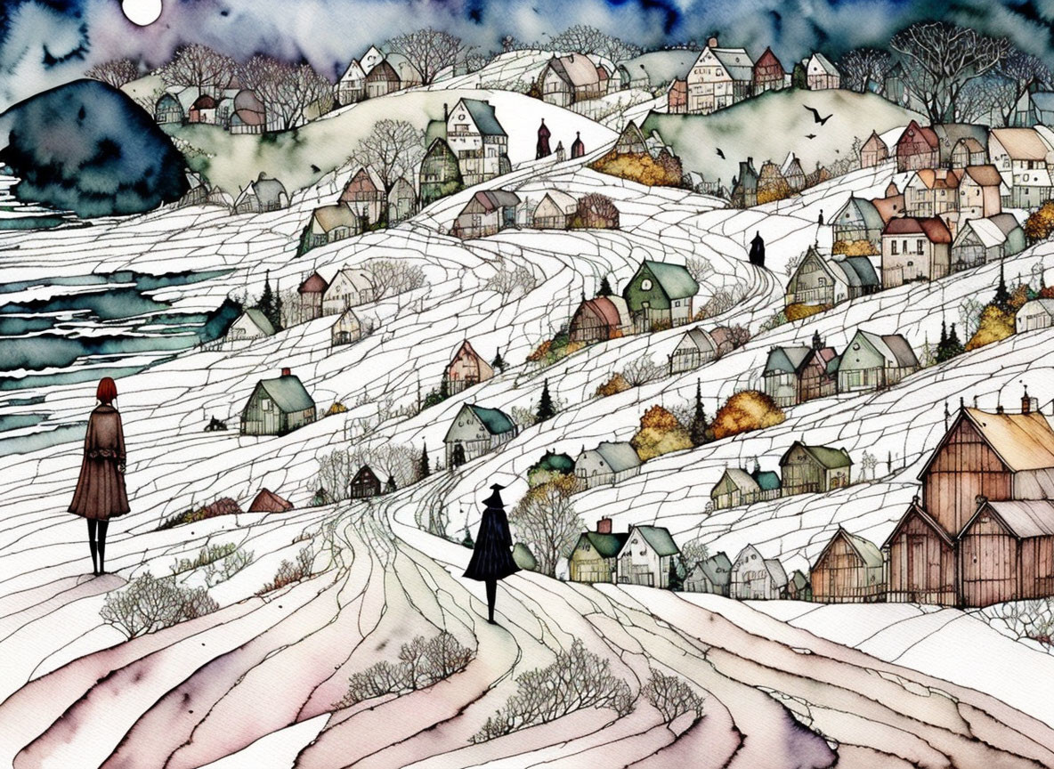 Snowy Winter Landscape with Houses, Trees, and Figures