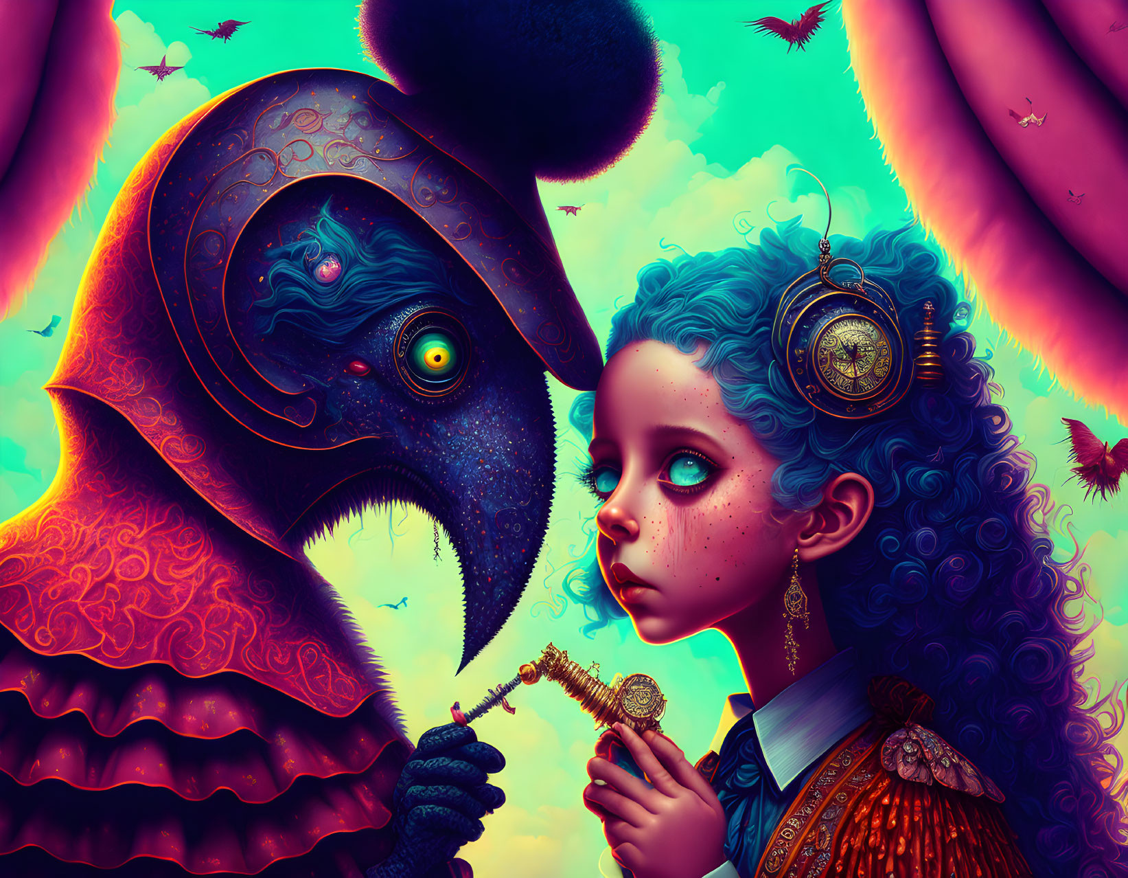 Surreal illustration: girl with blue hair, clockwork piece, key, giant bird with swirling