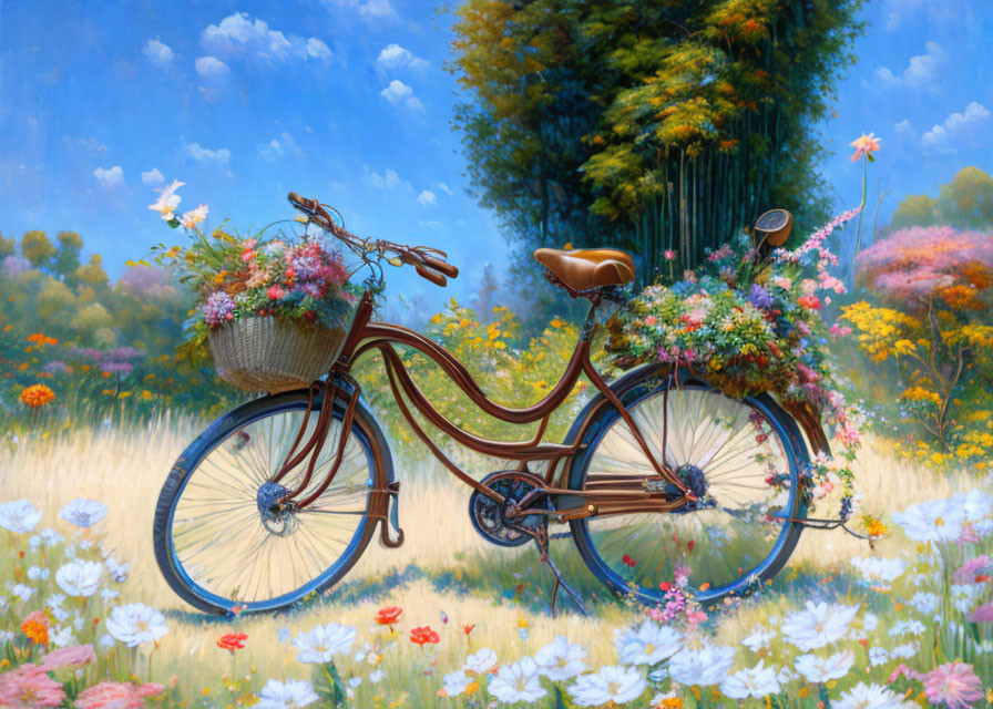 Vintage bicycle with flowers in vibrant meadow under blue sky